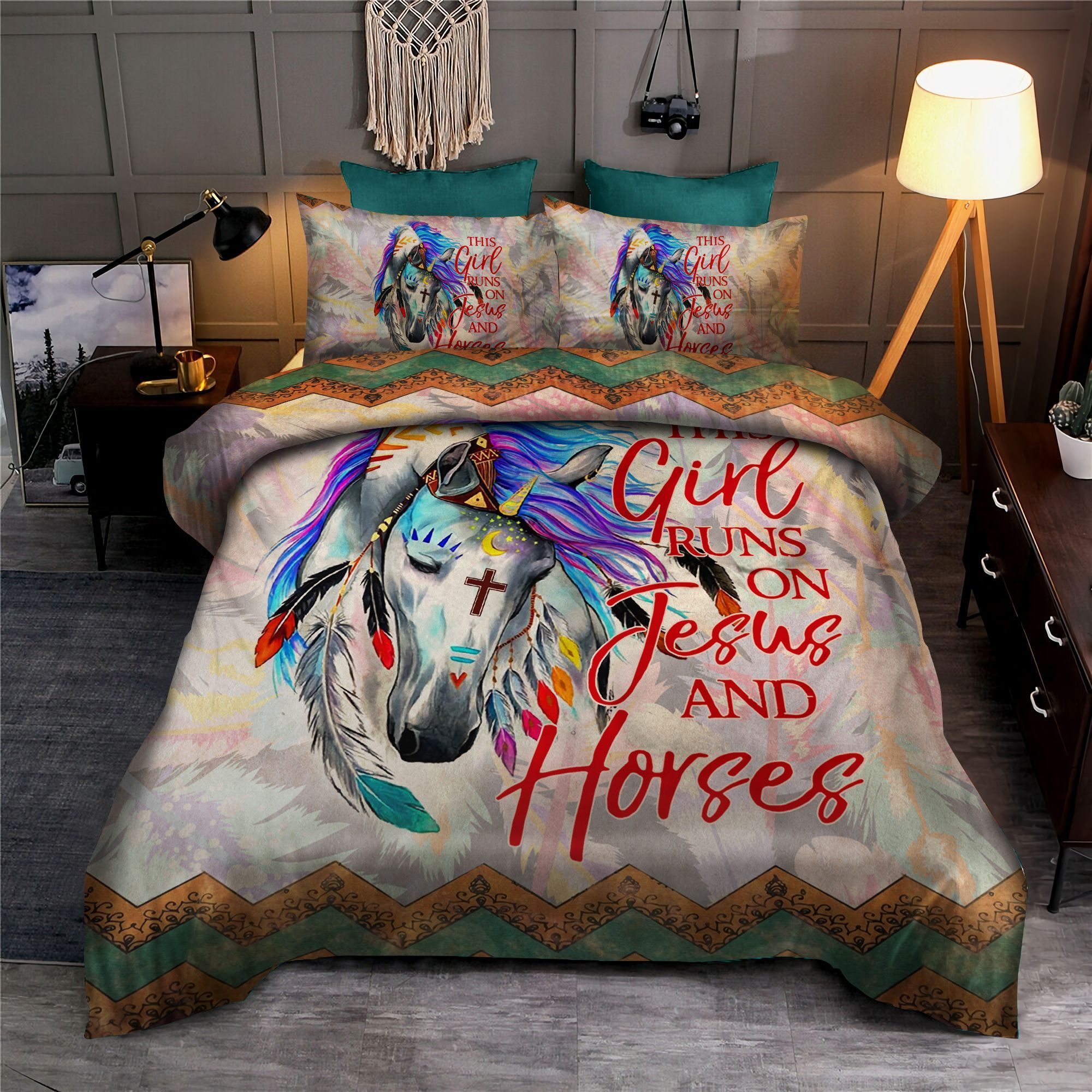Girl Runs On Jesus And Horses Bedding Set