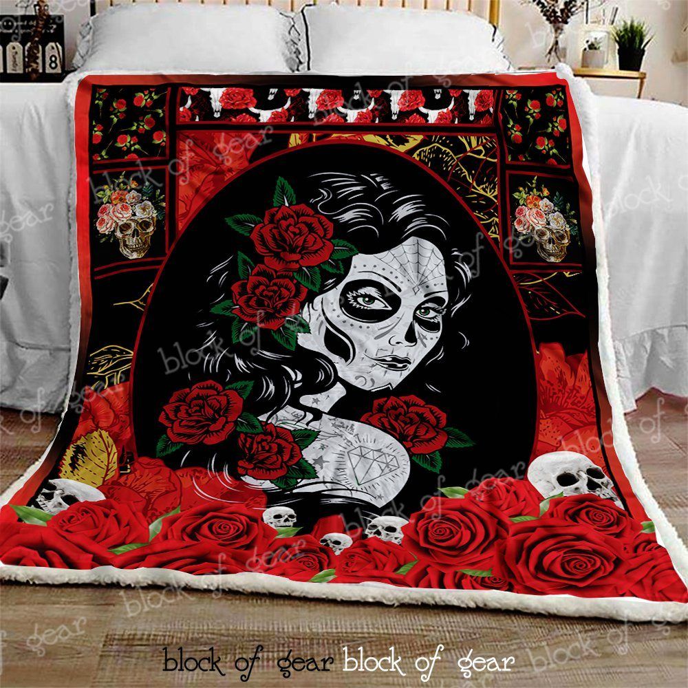 Girl Skull Red Rose Sherpa Fleece Blanket