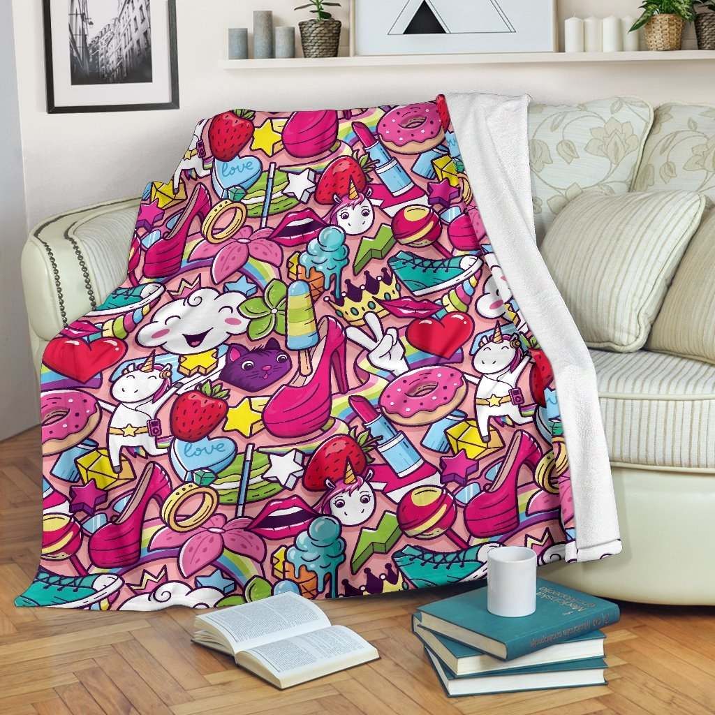 Girly Unicorn Cartoon Sherpa Fleece Blanket