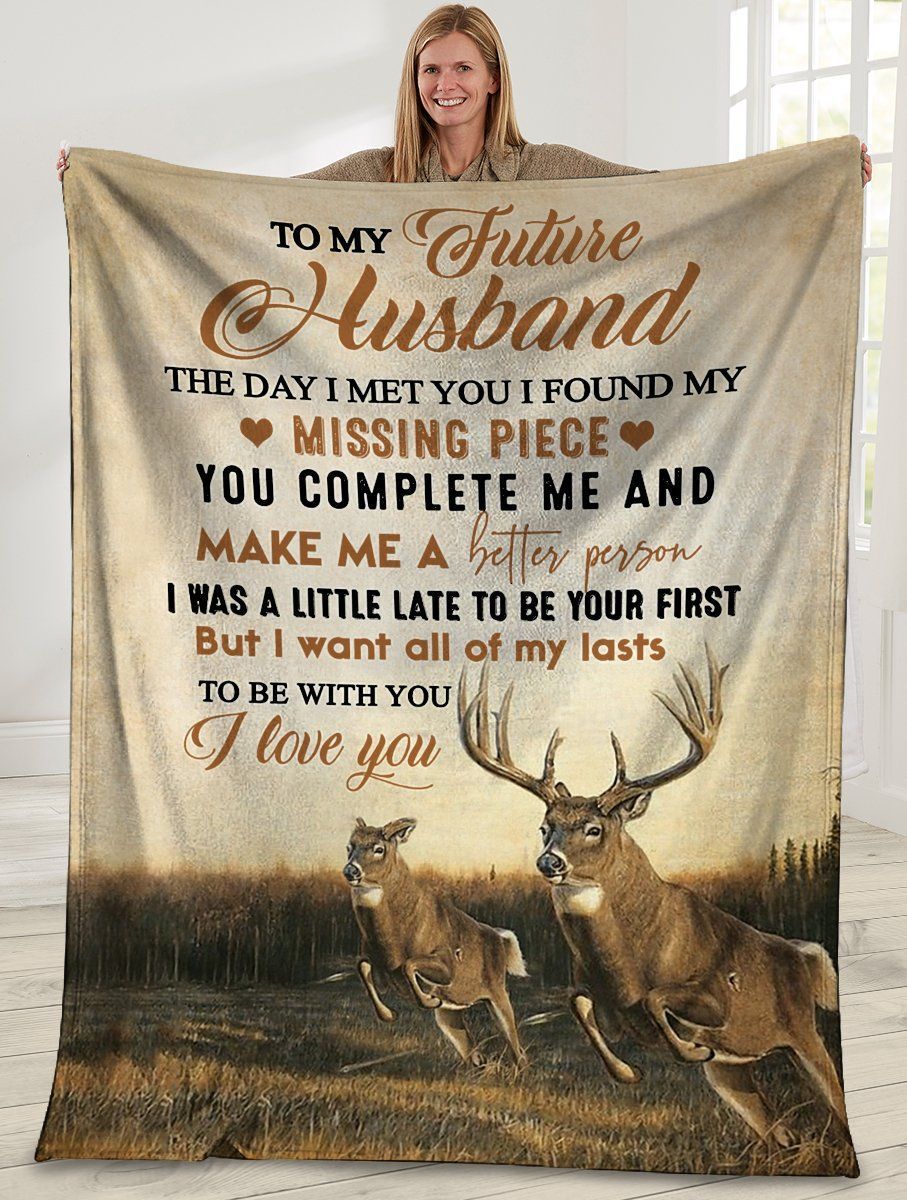 Giving Husband I Met You I Found My Missing Piece Deer Hunting Fleece Blanket