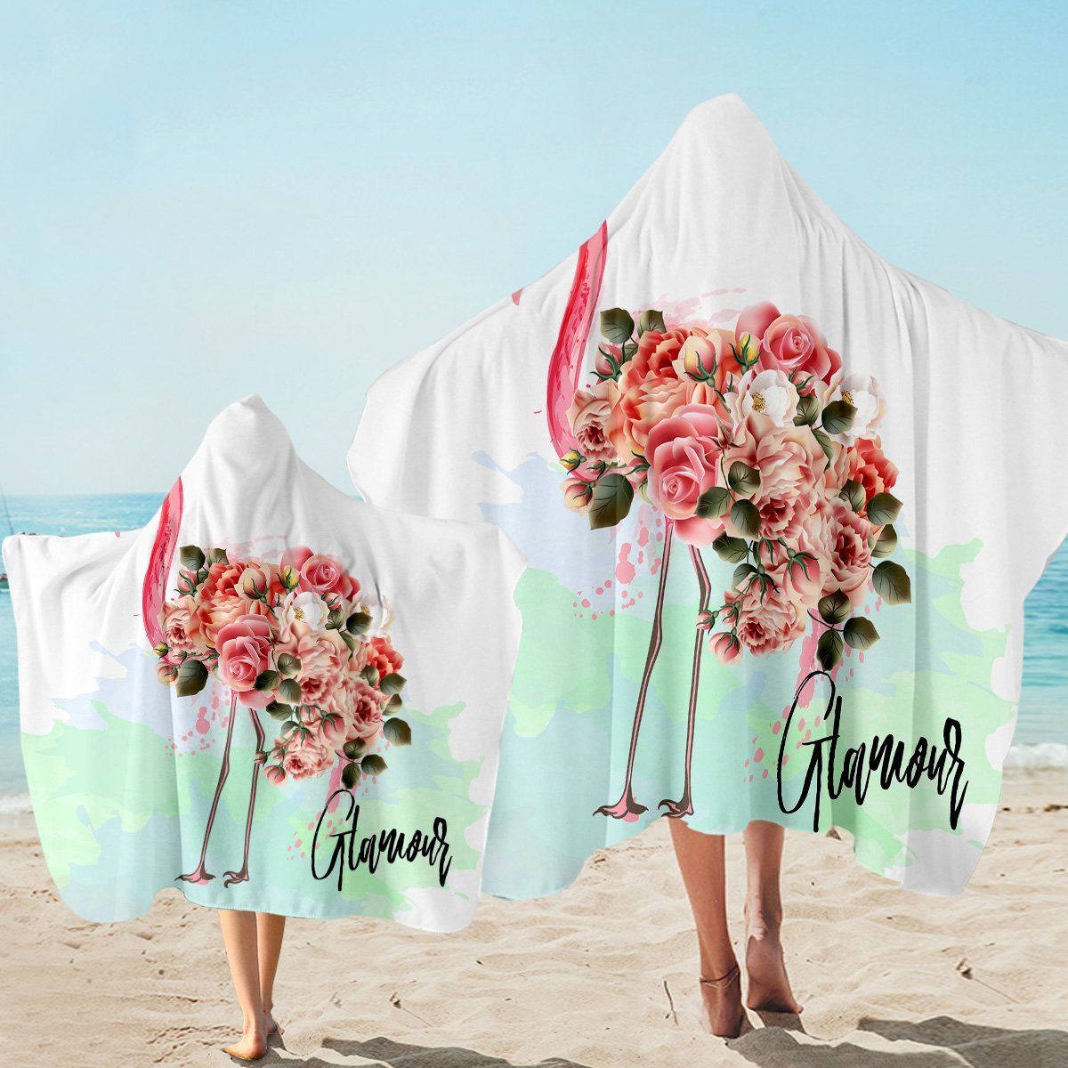 Glamour Flamingo With Flowers Printed Hooded Towel