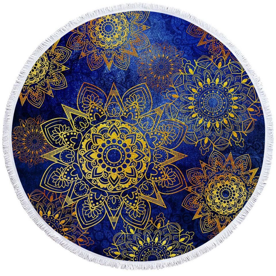 Glided Flower Blue Printed Round Beach Towel