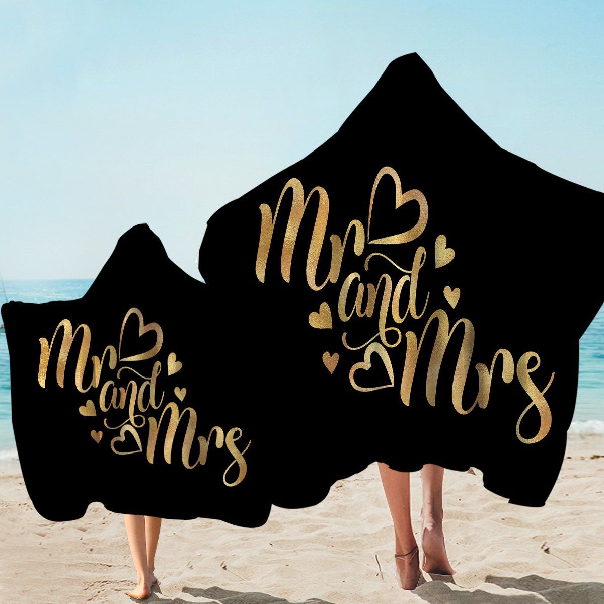 Glided Mr And Mrs Black Pattern Printed Hooded Towel