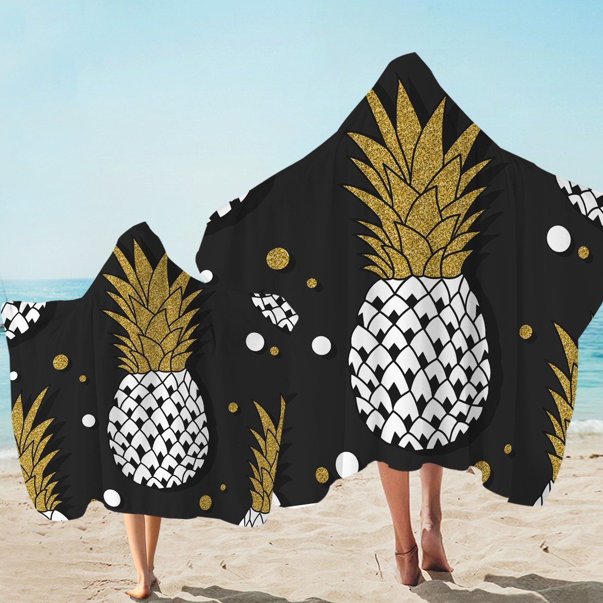 Glitter Pineapple In Black Printed Hooded Towel