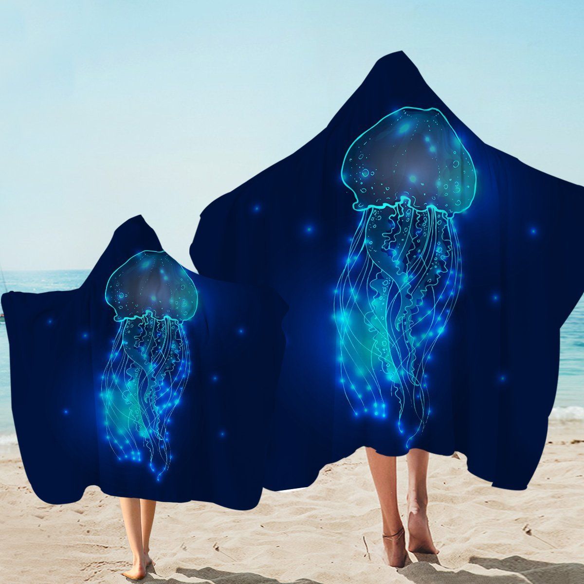 Glowing Jellyfish Blue Printed Hooded Towel