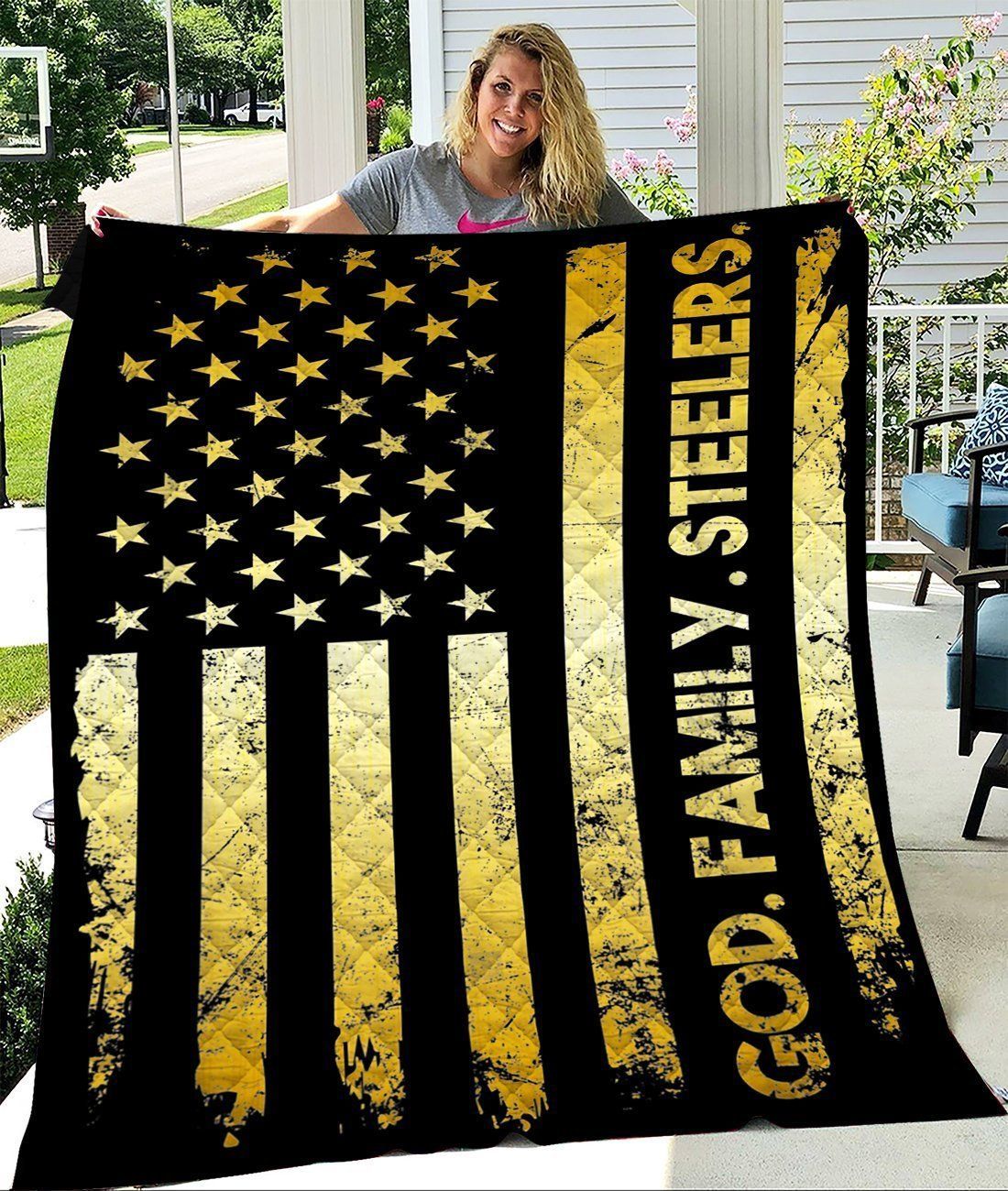 God Family Steelers Football American Flag Quilt Blanket