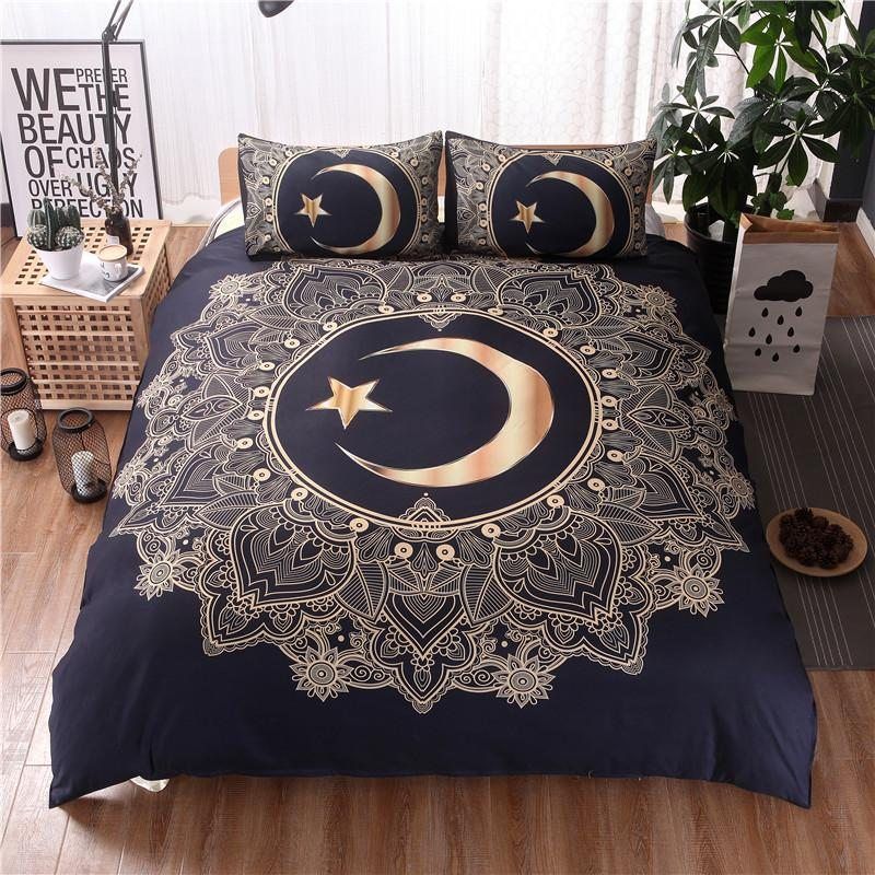Gold And Black Mandala Crescent Moon Star Bedding Set