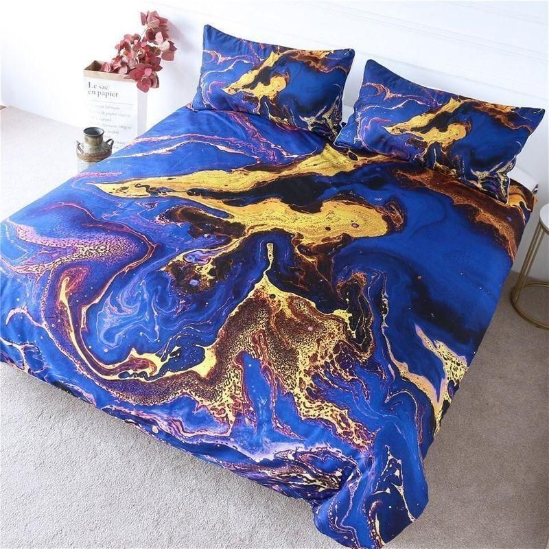Gold And Blue Marble Printed Bedding Set