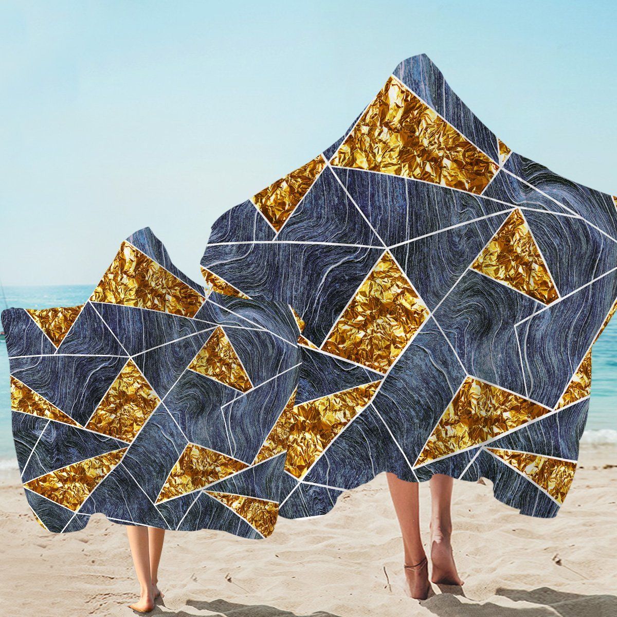 Gold And Gray Tiles Printed Hooded Towel