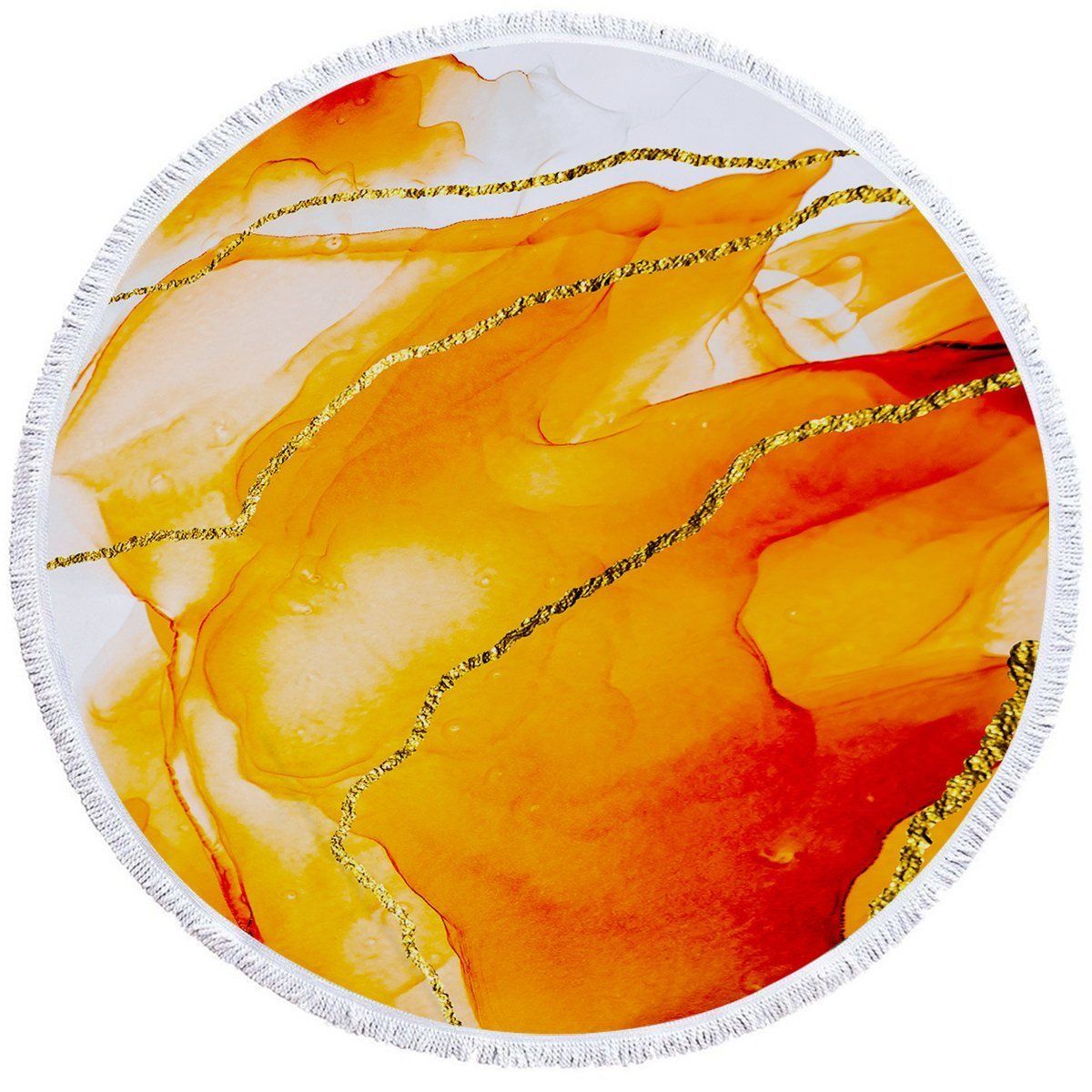 Gold And Orange Abstract Smoke Printed Round Beach Towel