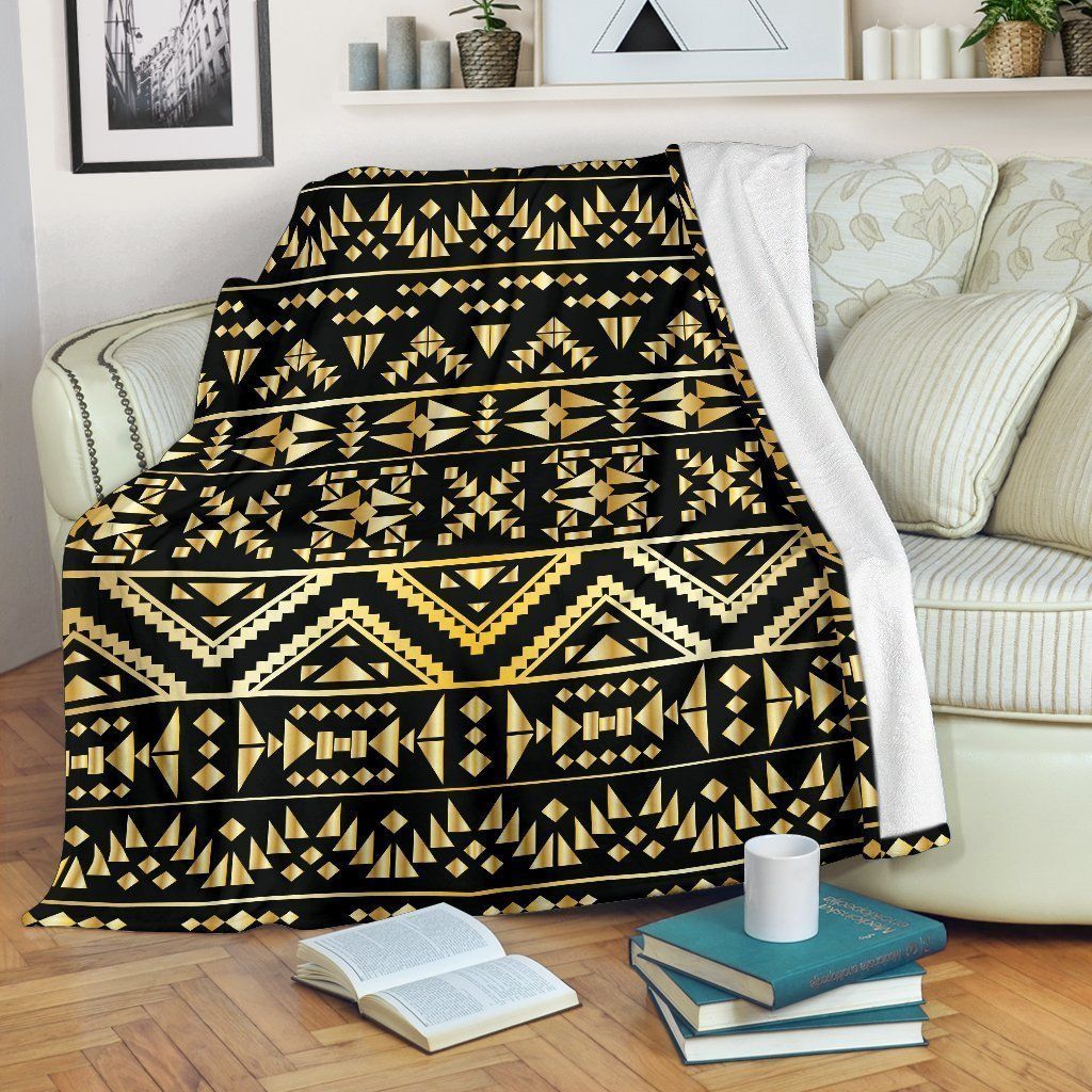 Gold Aztec Tribal Black Fleece Blanket