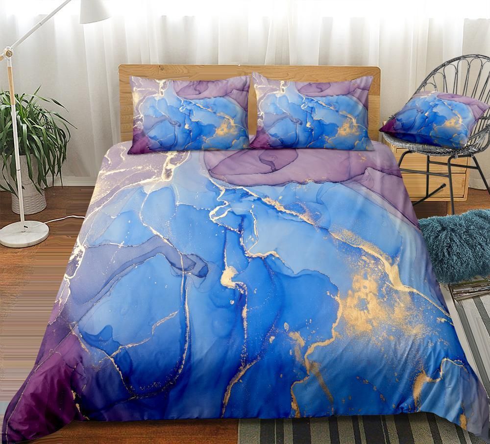 Gold Blue Purple Marble Bedding Set