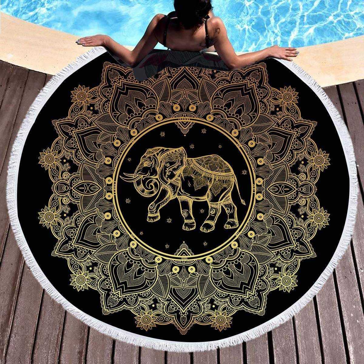 Gold Bronzing Mandala Elephant Round Beach Towel