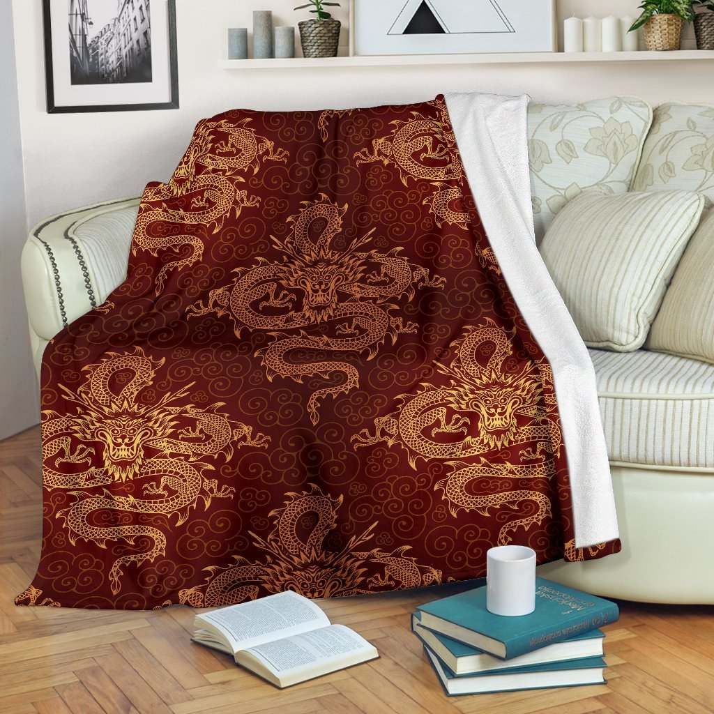 Gold Chinese Dragon Sherpa Fleece Blanket