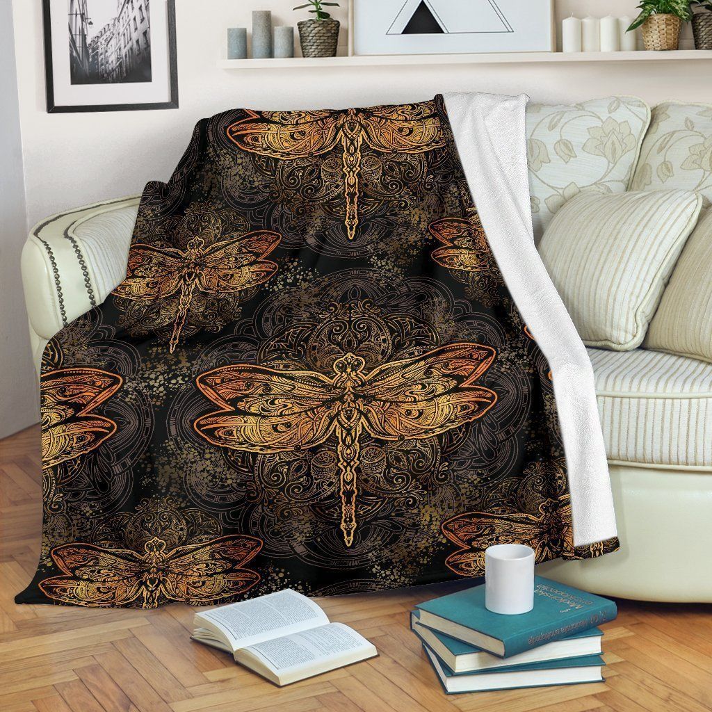 Gold Dragonfly Mandala Black Fleece Blanket