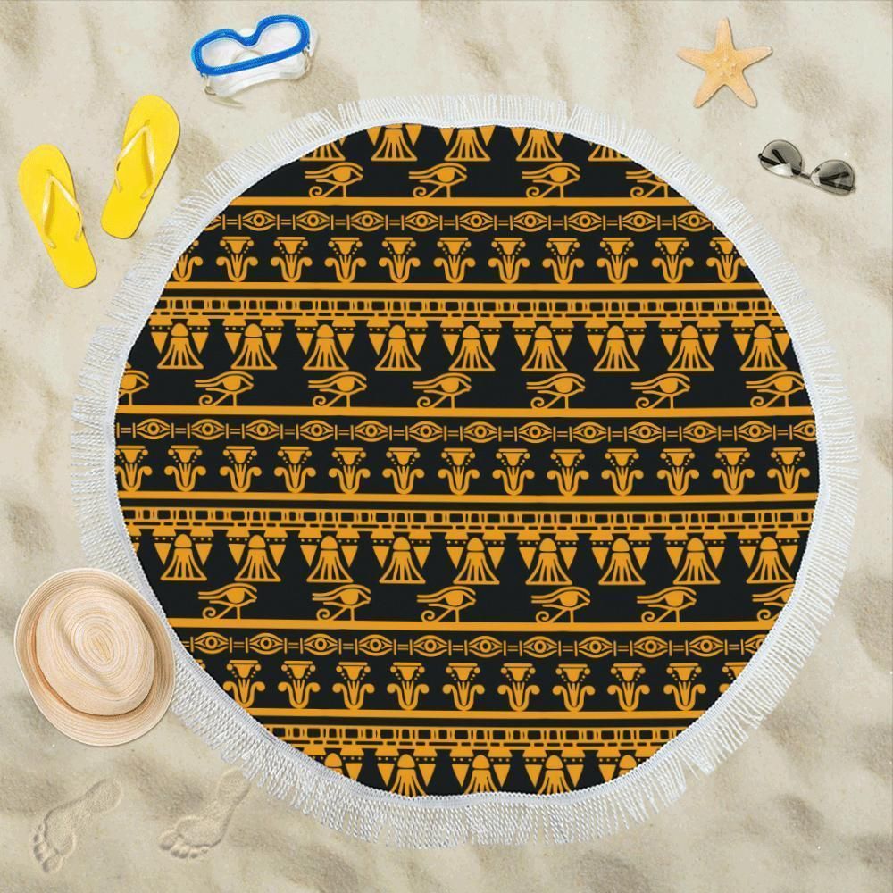 Gold Eye Of Horus Tribal Egypt Pattern On Black Printed Round Beach Towel