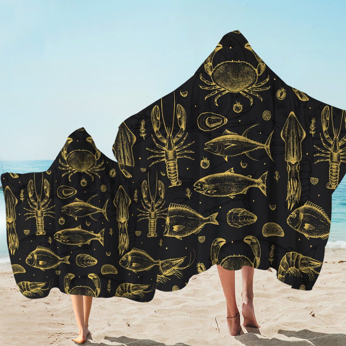 Gold Fresh Seafood On Black Printed Hooded Towel