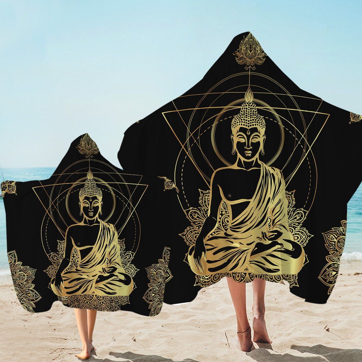 Gold Glided Buddha Mandala Pattern On Black Printed Hooded Towel