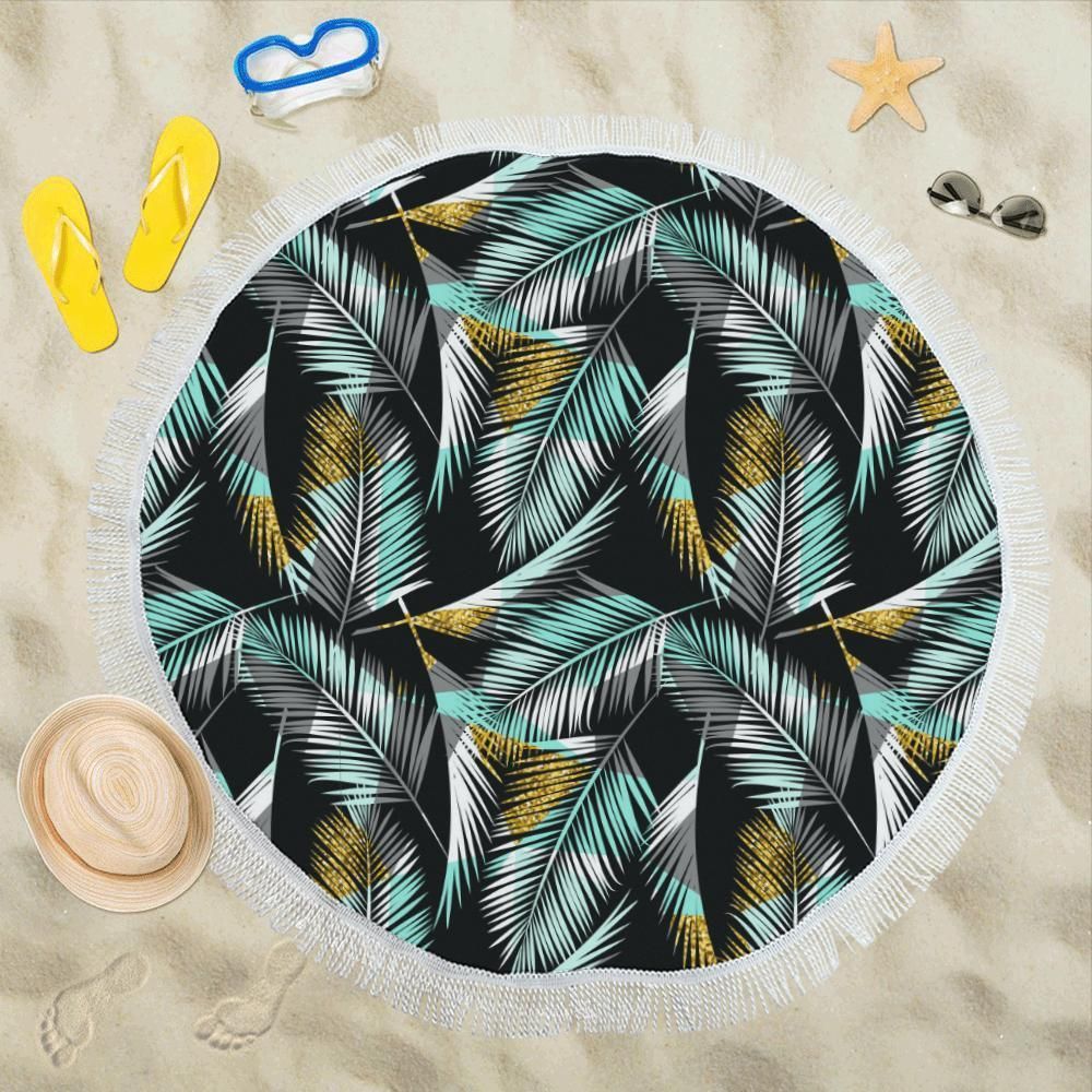 Gold Glitter Cyan Tropical Palm Leaves Printed Round Beach Towel