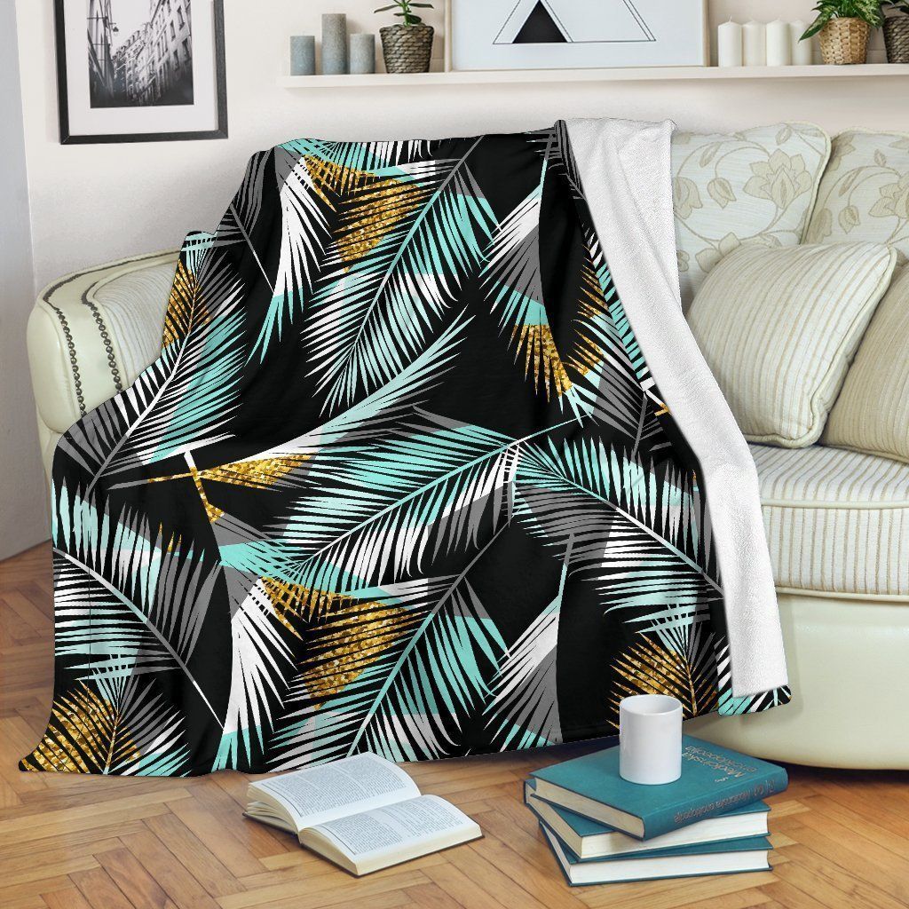 Gold Glitter Cyan Tropical Palm Leaves Soft Fleece Blanket