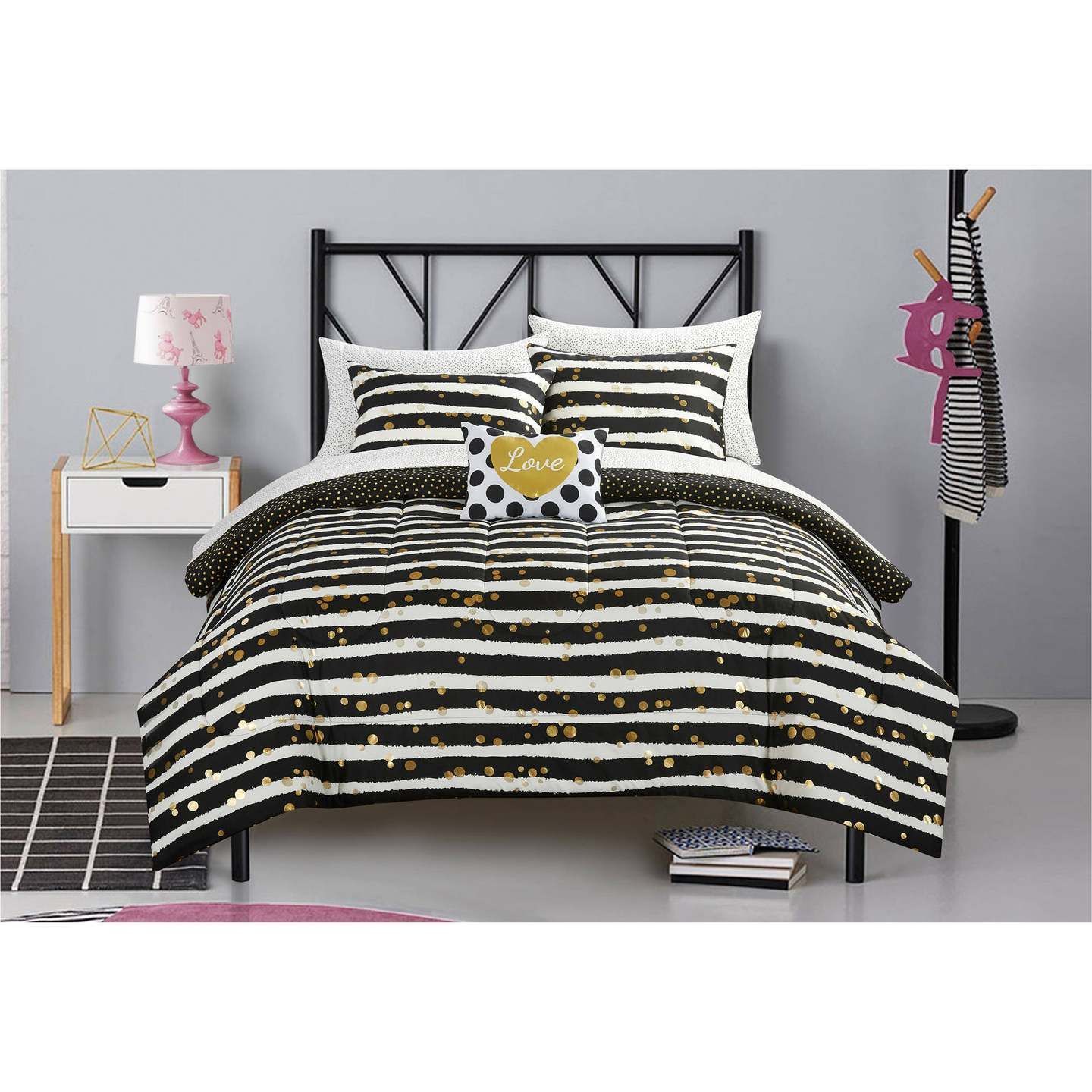 Gold Glitter Stripe And Polka Dot Bedding Set