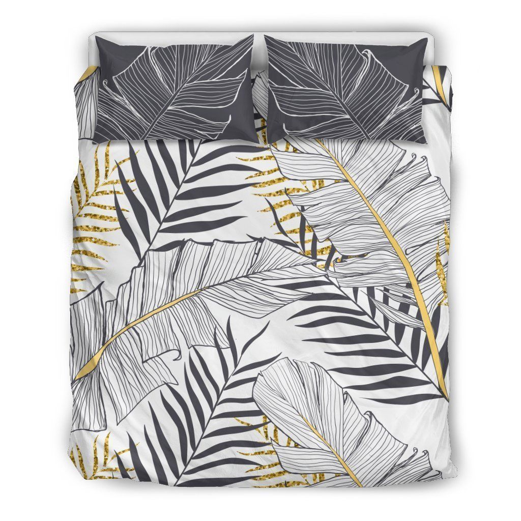 Gold Glitter Tropical Palm Leaves Bedding Set