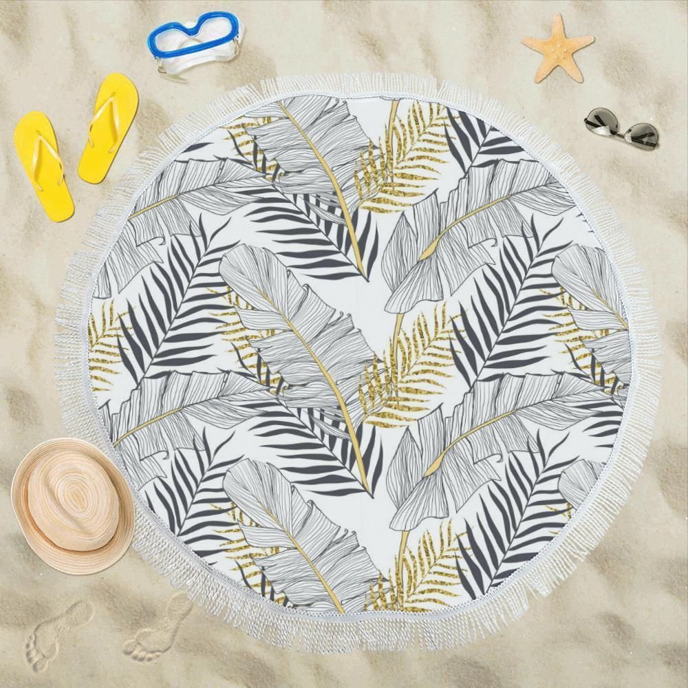 Gold Glitter Tropical Palm Leaves Printed Round Beach Towel