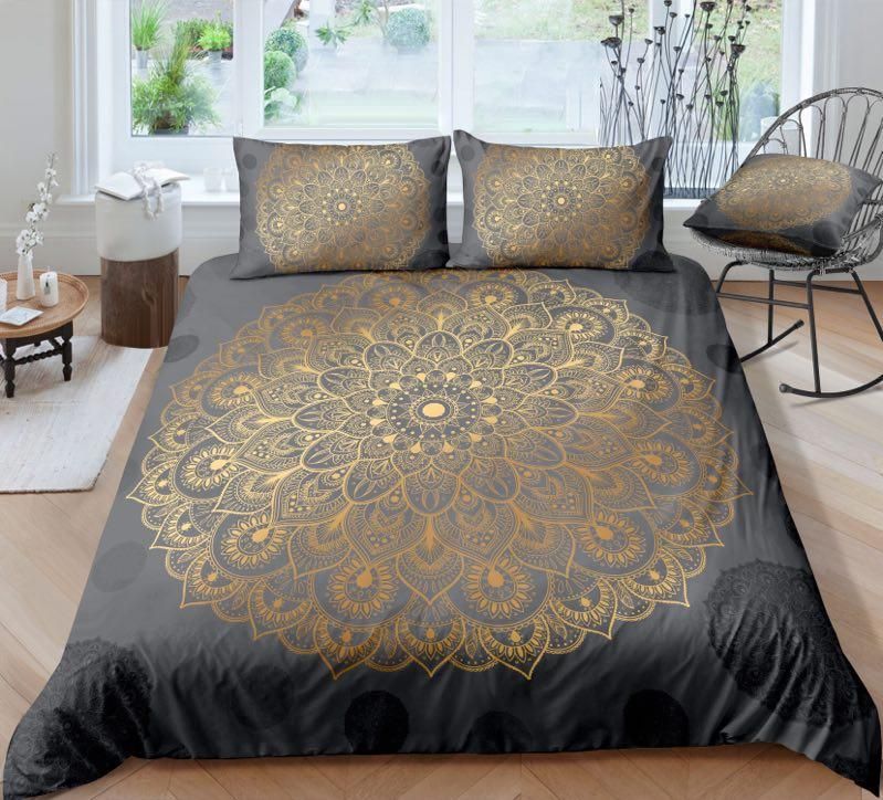 Gold Grey Mandala Pattern Bedding Set