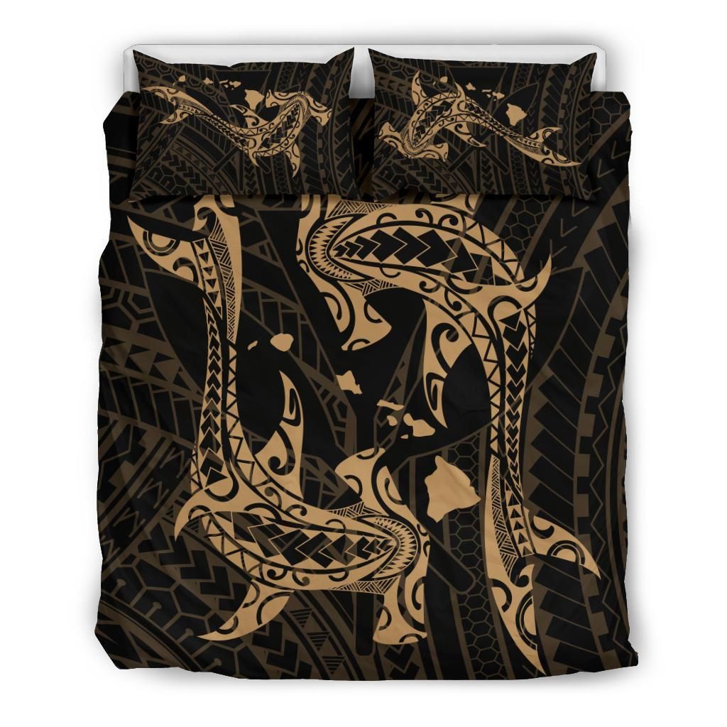 Gold Hawaiian Map Hamerhead Shark Yin Yang Polynesian Bedding Set