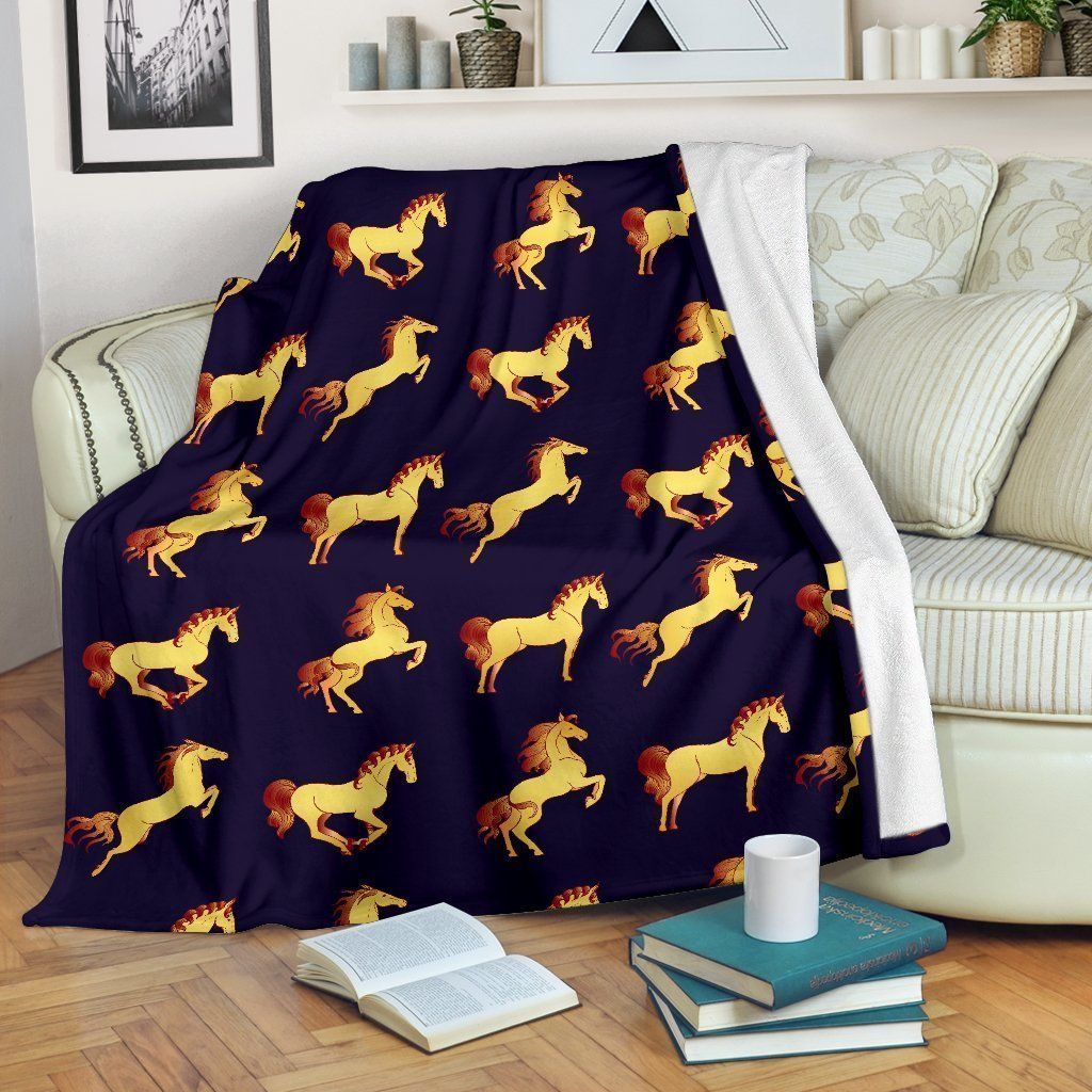 Gold Horse Pattern Dark Blue Fleece Blanket