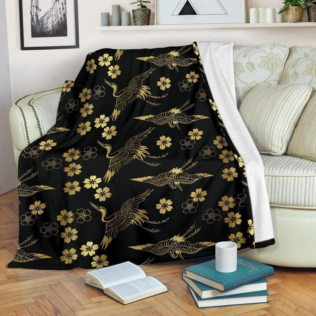 Gold Japanese Theme Pattern Sherpa Fleece Blanket