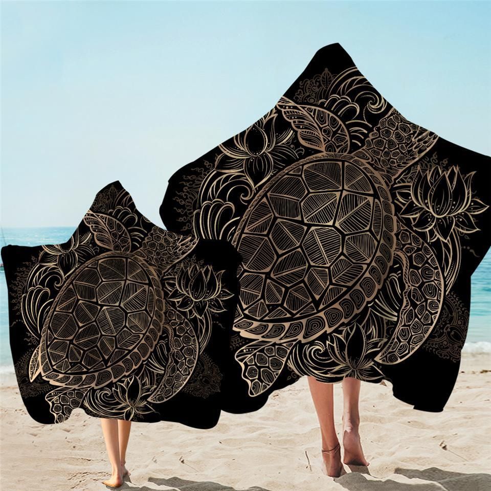 Gold Line Turtle Pattern Printed Hooded Towel