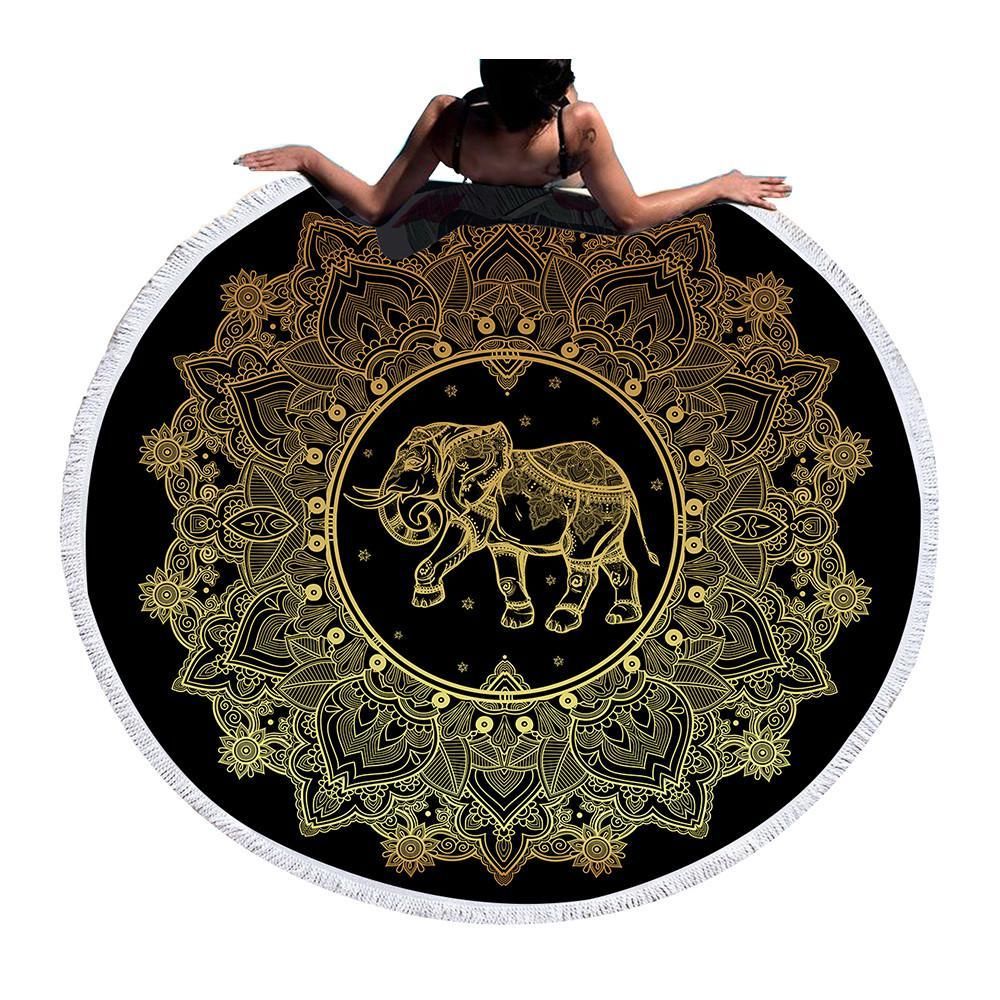 Gold Mandala Elephant On Black Printed Round Beach Towel