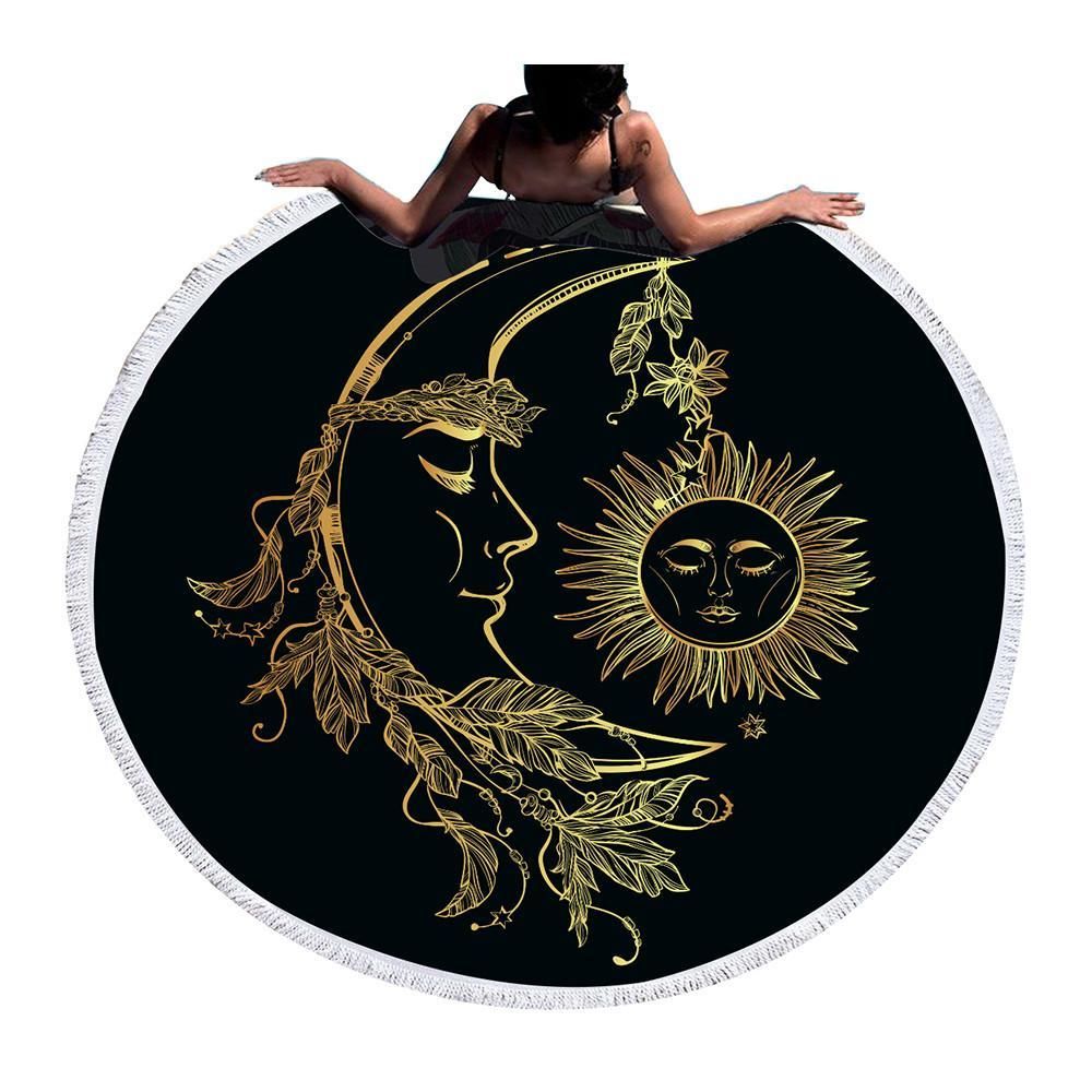 Gold Moon And Sun Art On Black Printed Round Beach Towel