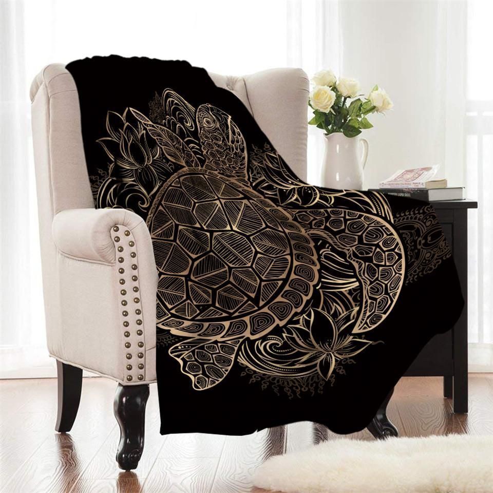 Gold Patterned Sea Turtle Printed Fleece Blanket