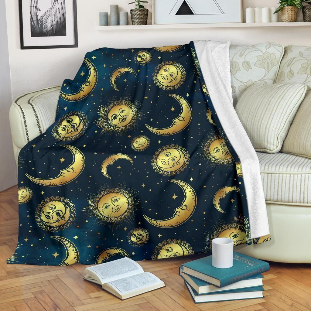Gold Sun Moon Face Galaxy Fleece Blanket