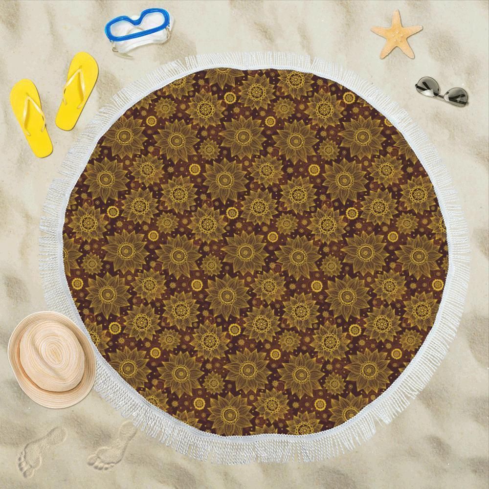 Gold Sunflower Hand Drawn Pattern Printed Round Beach Towel
