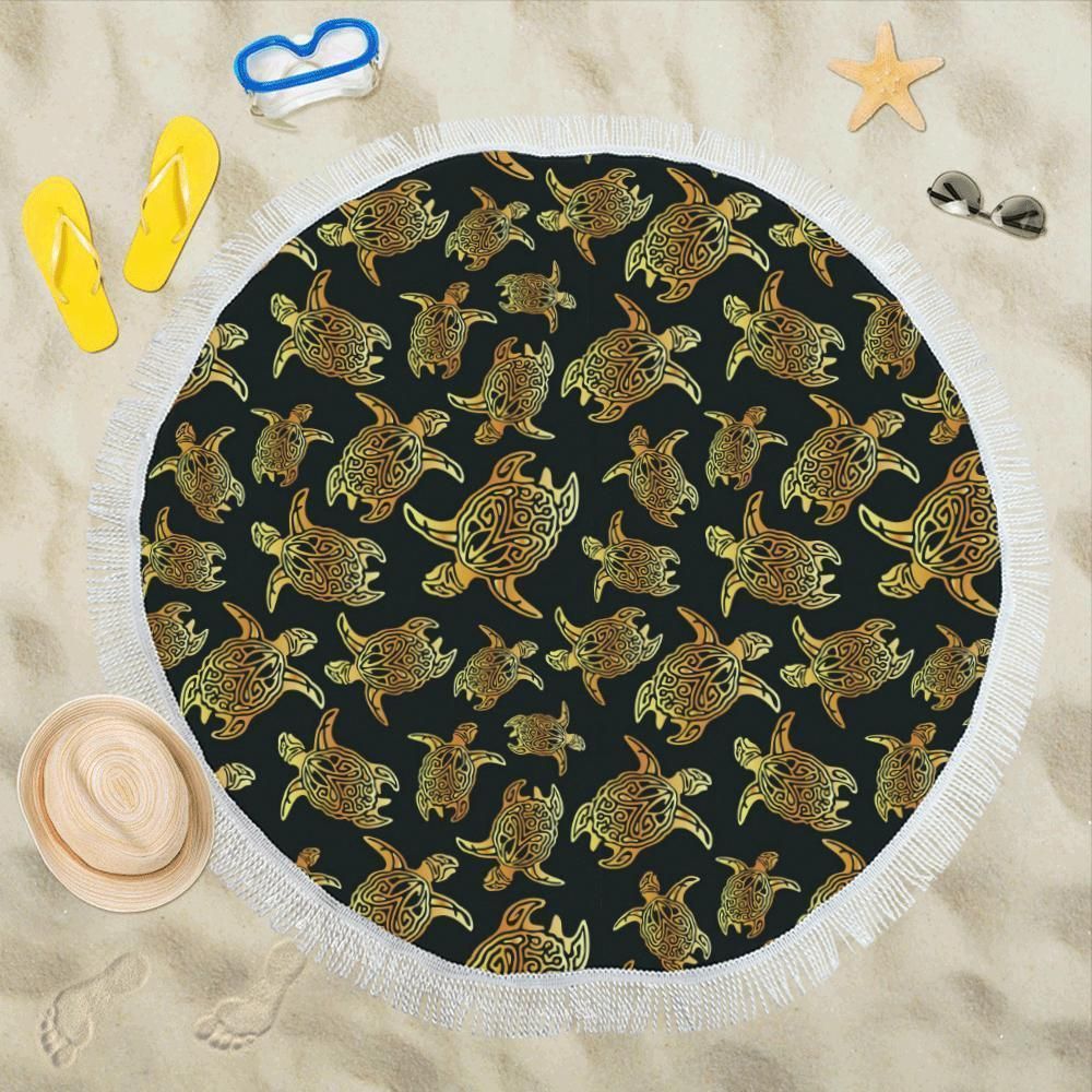 Gold Tribal Turtle Polynesian Themed Pattern Printed Round Beach Towel