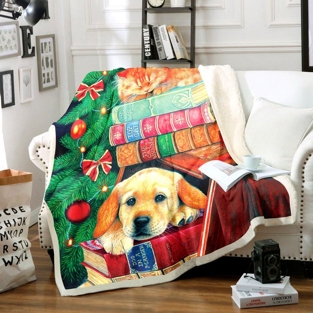 Golden And Cat Christmas Sherpa Fleece Blanket