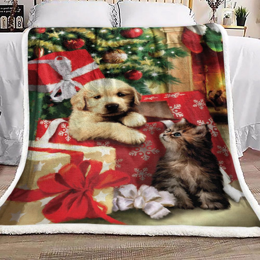 Golden And Cat Sherpa Fleece Blanket