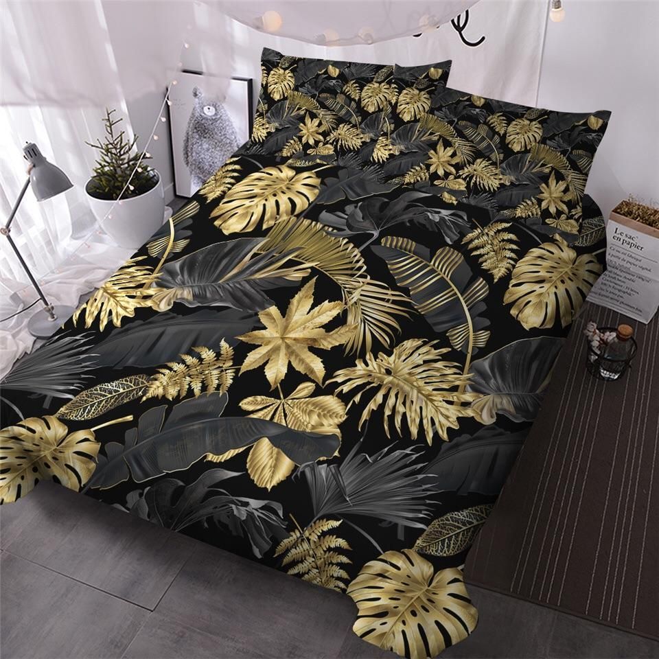 Golden Black Leaves Bedding Set