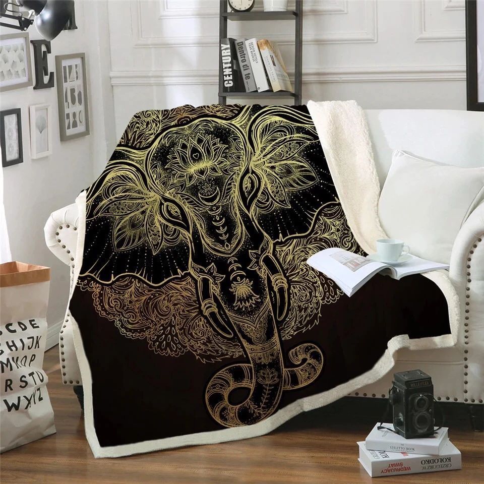 Golden Boho Elephant Sherpa Fleece Blanket
