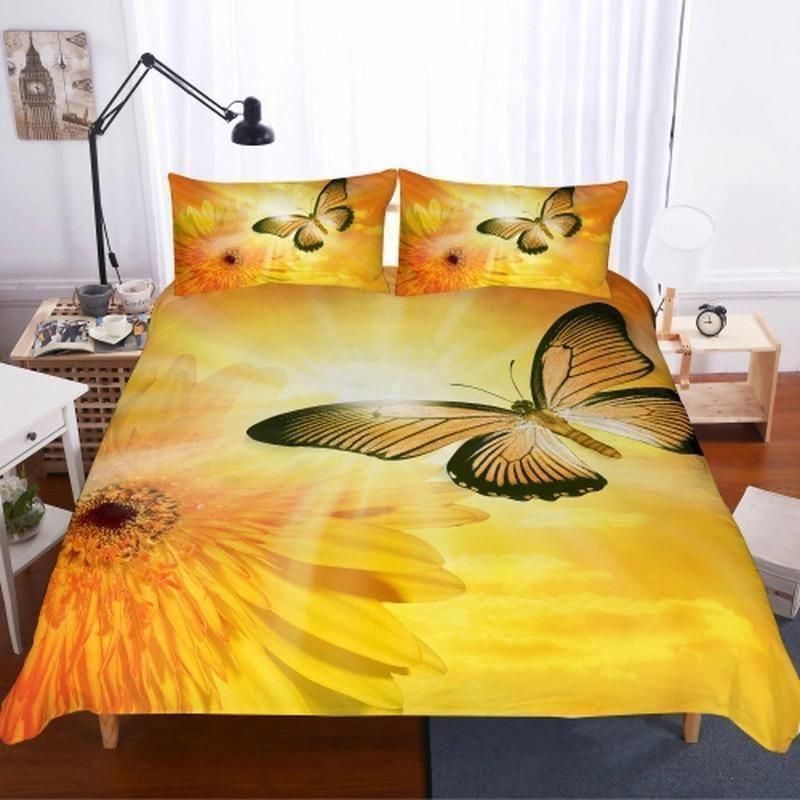 Golden Butterfly Un Flower Printed Bedding Set