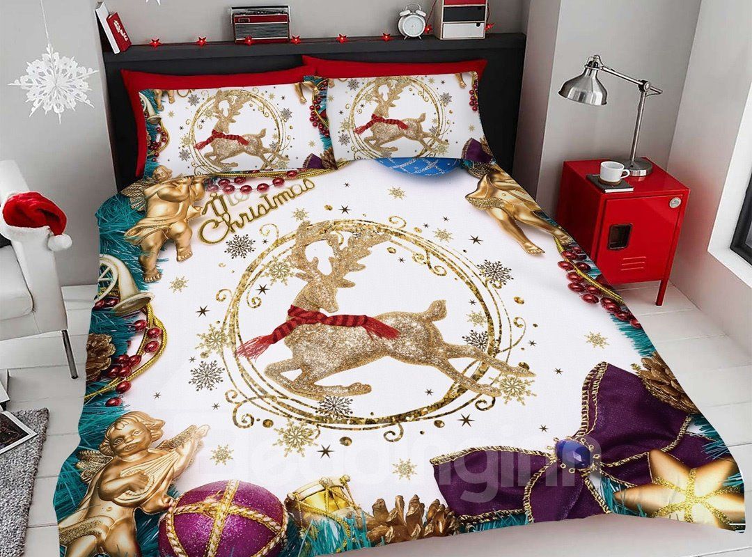 Golden Christmas Deer Bedding Set