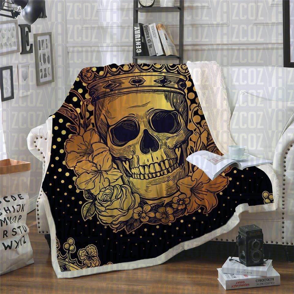Golden Crowned Skull Sherpa Fleece Blanket