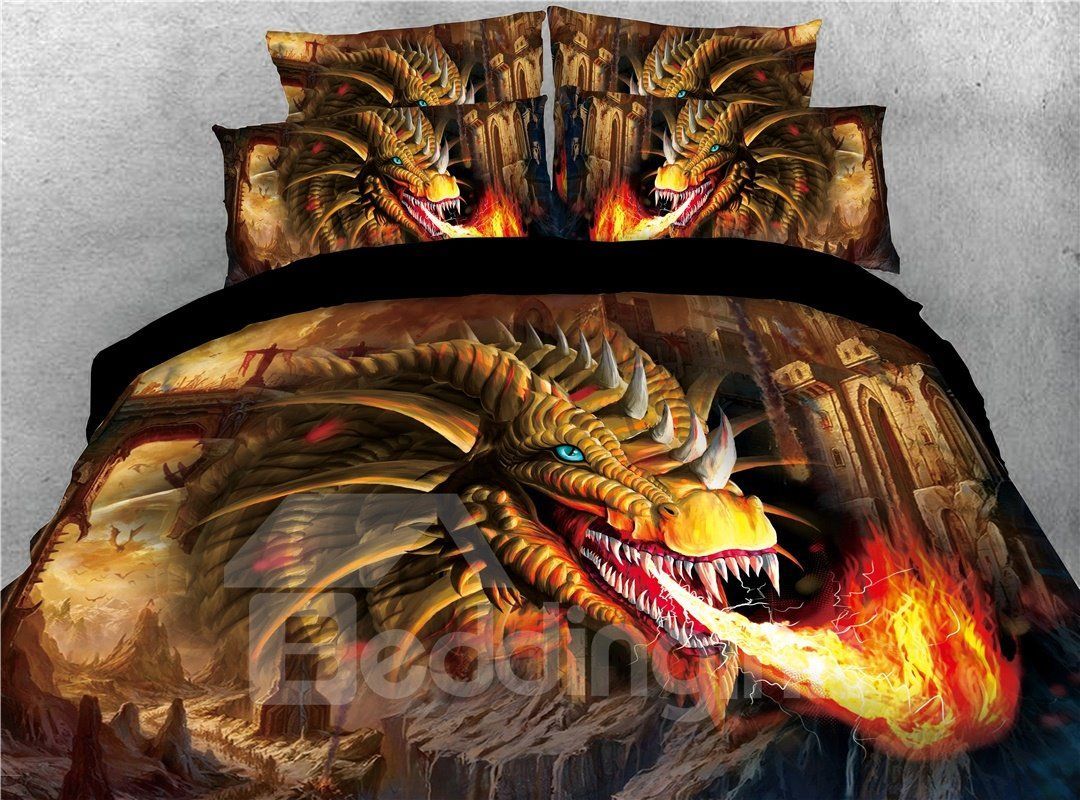 Golden Dragon Spouting Fire Bedding Set