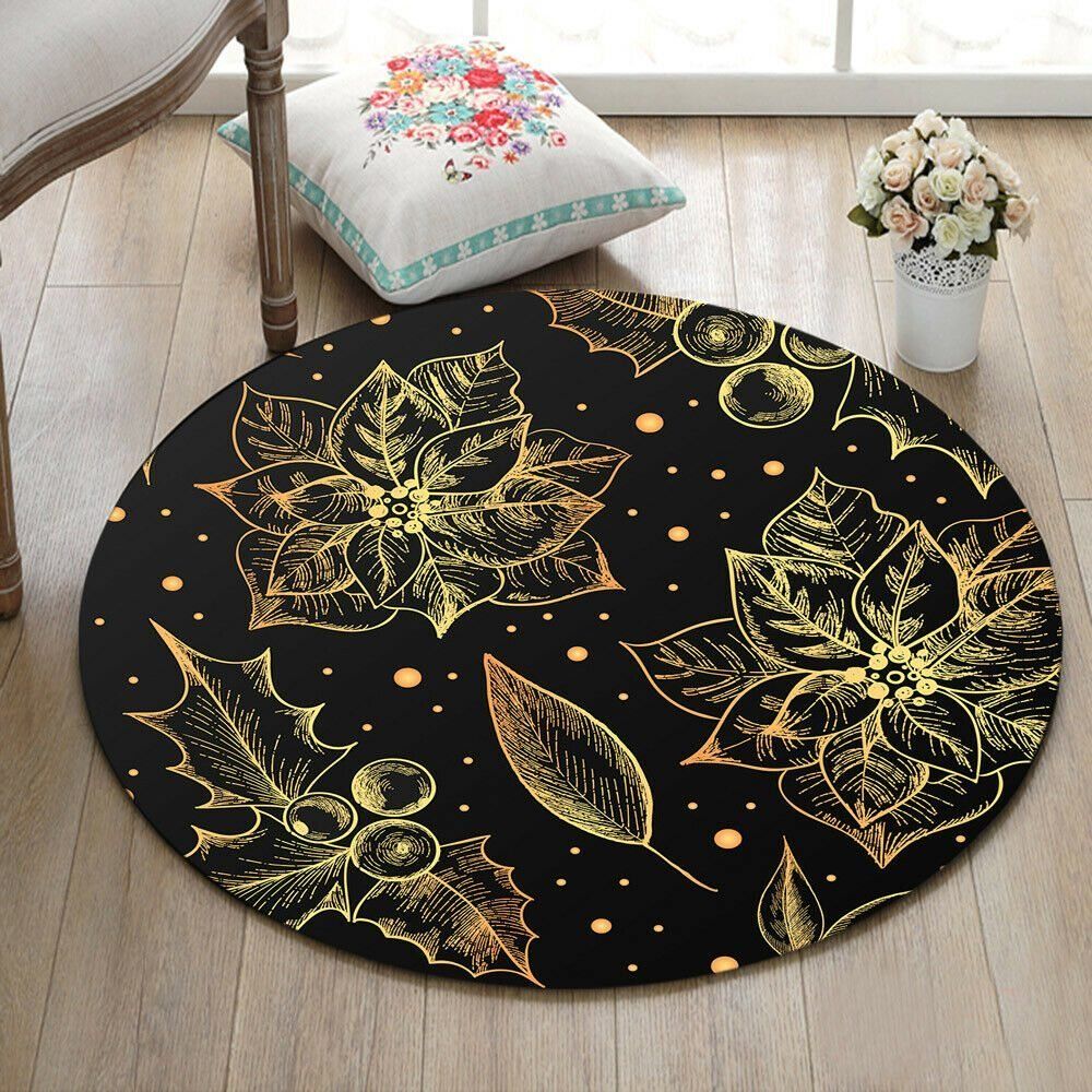 Golden Flowers Leaves Round Carpet