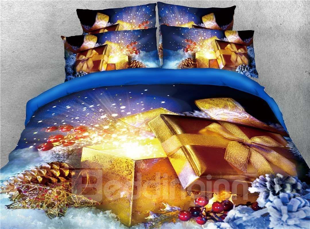 Golden Glowing Christmas Present Bedding Set
