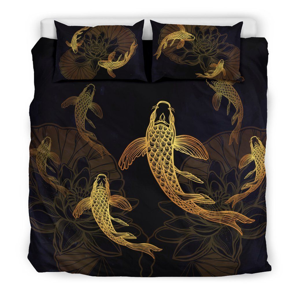 Golden Japanese Koi Fish Black Bedding Set