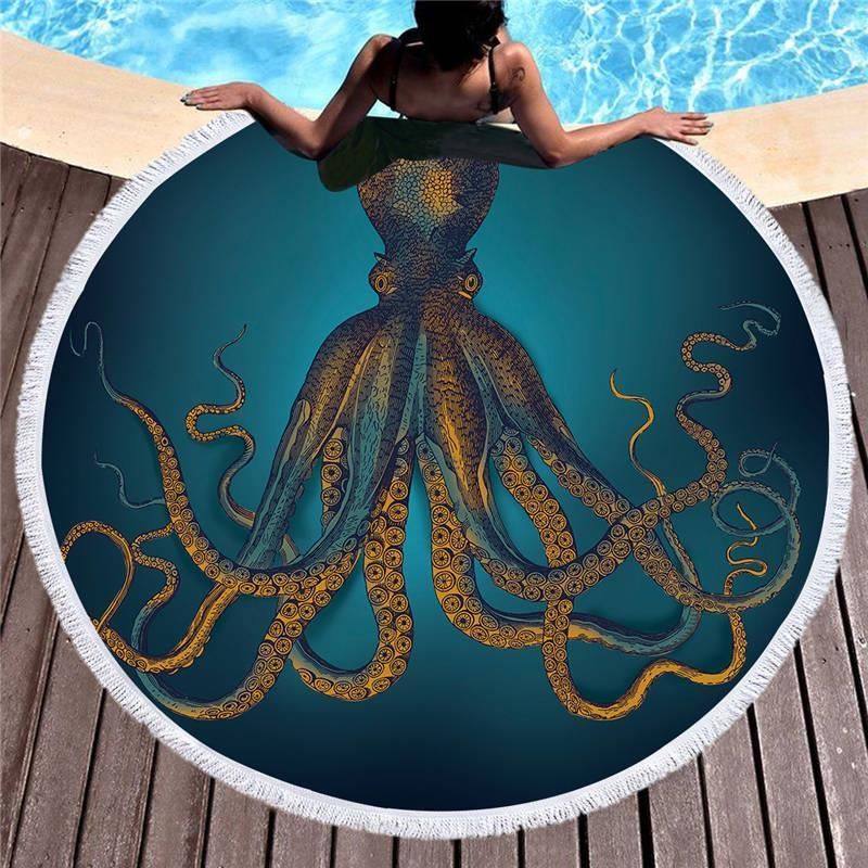 Golden Octopus 3d Printed Round Beach Towel
